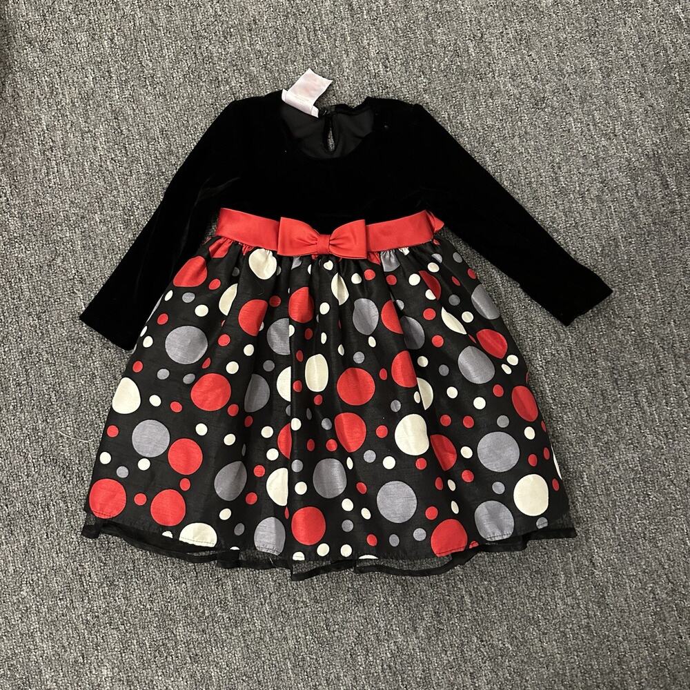 BONNIE BABY GIRLS HOLIDAY DRESS 24 MONTHS CHRISTMAS BLACK VELVET POLKA DOTS